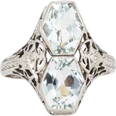 Vintage Art Deco Double Aquamarine Ring Filigree … - image 1