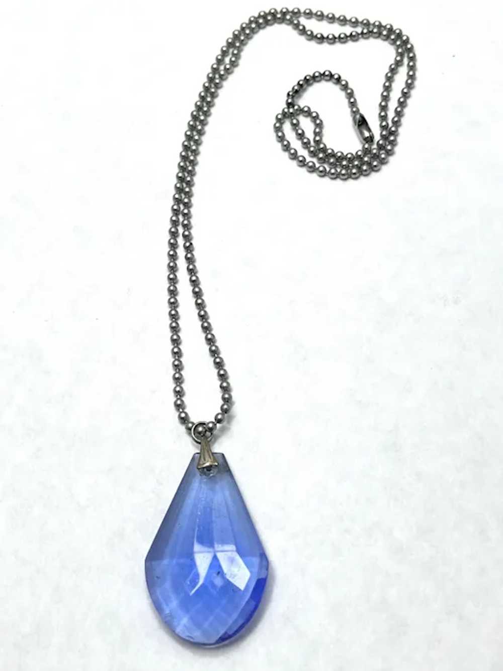 Vintage Blue Glass Faceted Pendant Necklace - image 2