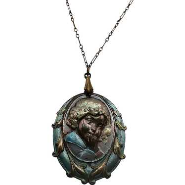 Art Nouveau Stamped Brass Colored Cameo Pendant N… - image 1