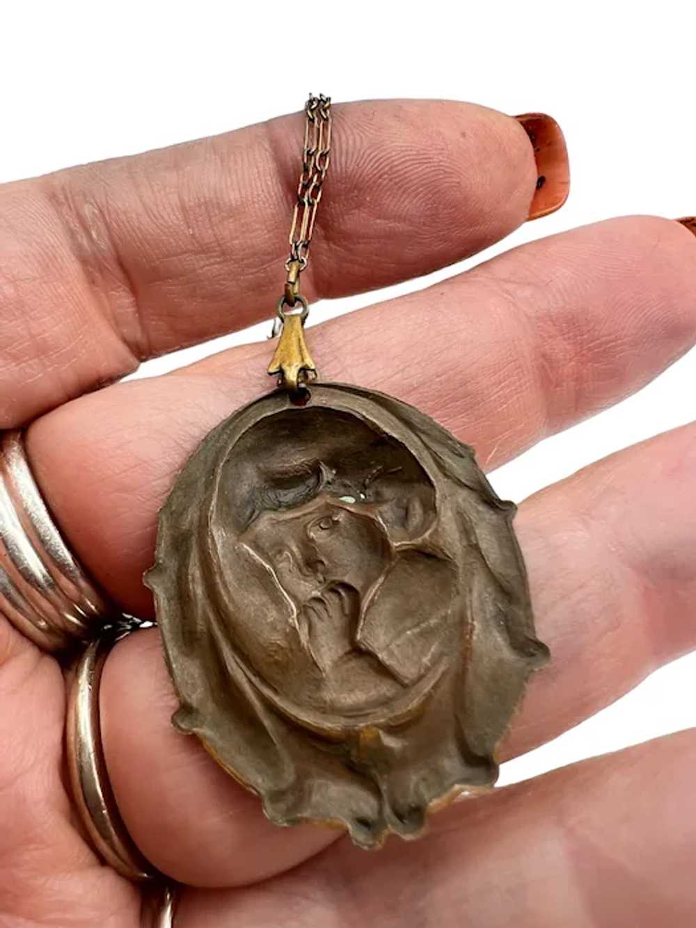 Art Nouveau Stamped Brass Colored Cameo Pendant N… - image 4