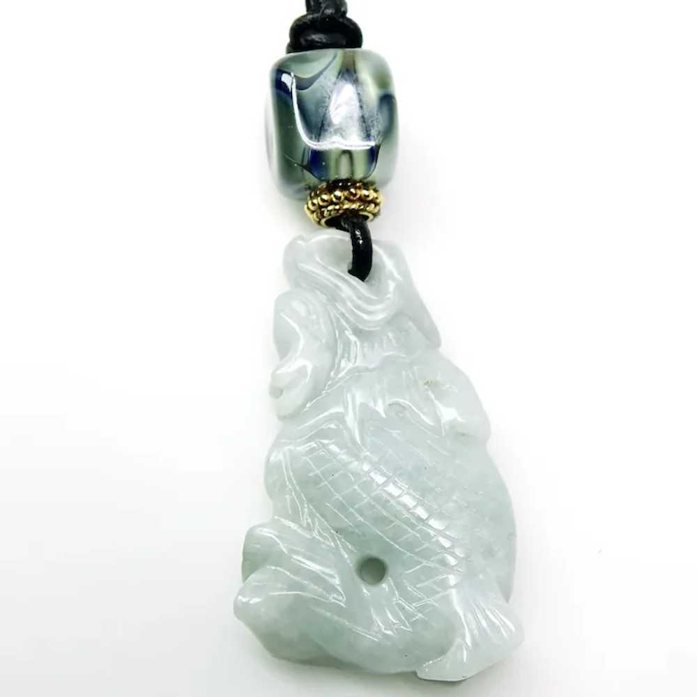 Hand Carved Green Chinese Jade Dragonfish Pendant… - image 5