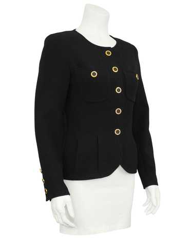 Chanel Black Collarless Jacket with Gold Buttons
