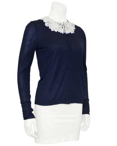 Oscar De La Renta Navy Cardigan With Crochet Coll… - image 1