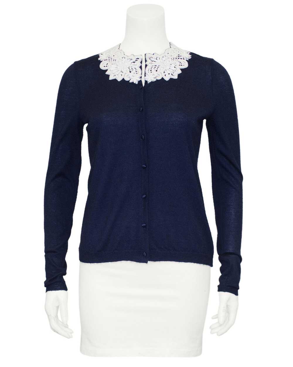 Oscar De La Renta Navy Cardigan With Crochet Coll… - image 3