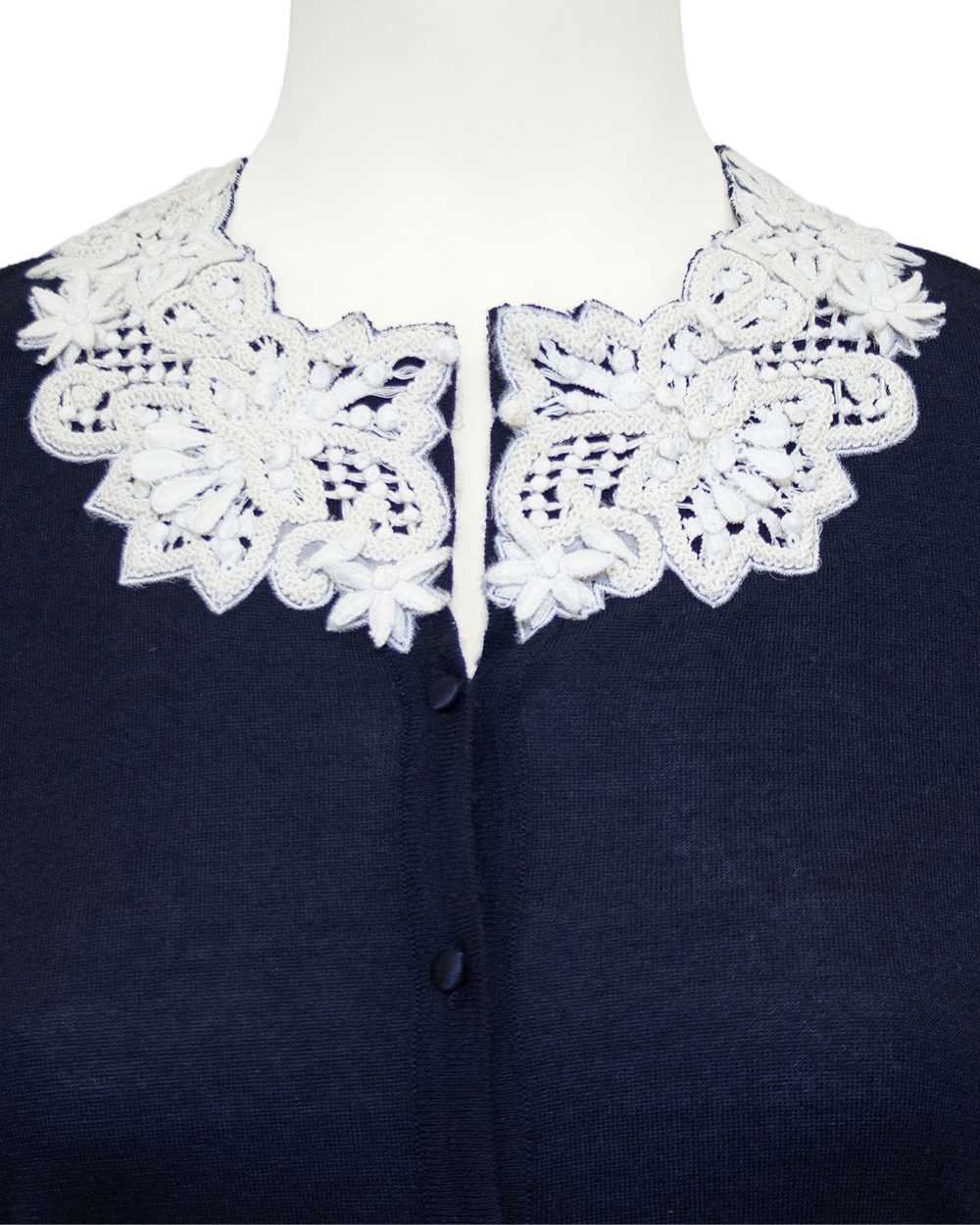 Oscar De La Renta Navy Cardigan With Crochet Coll… - image 4