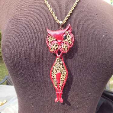Vintage Large Red and Gold Color BOHO Winking Cat… - image 1