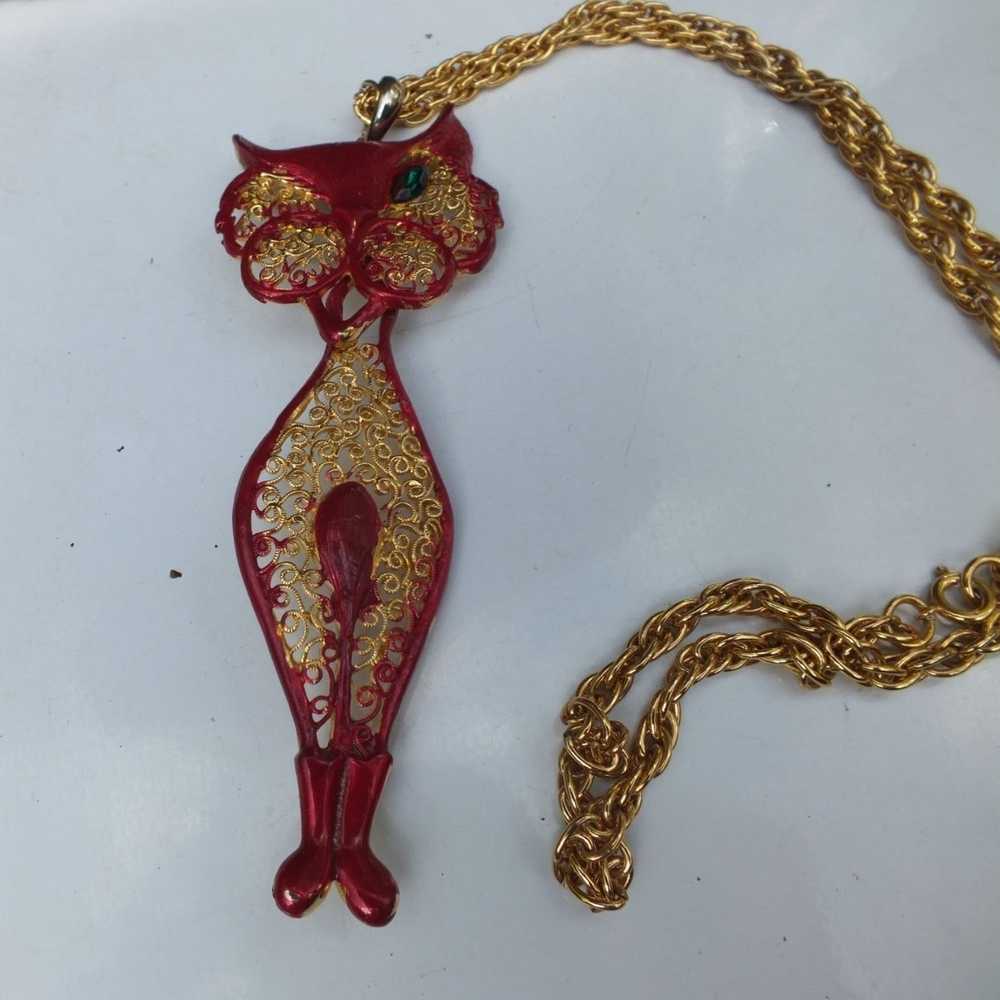 Vintage Large Red and Gold Color BOHO Winking Cat… - image 4
