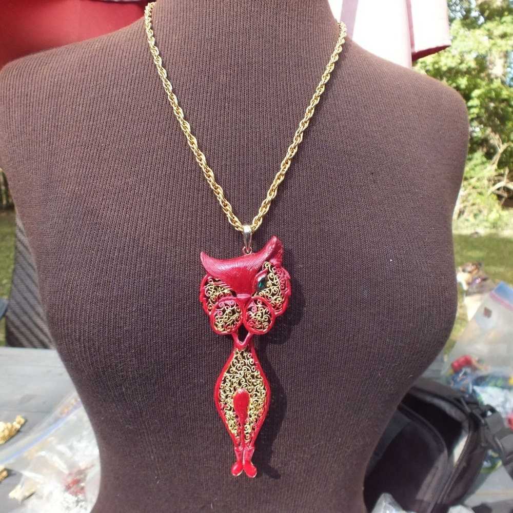 Vintage Large Red and Gold Color BOHO Winking Cat… - image 5