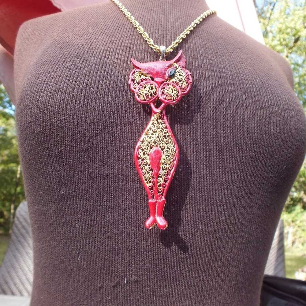 Vintage Large Red and Gold Color BOHO Winking Cat… - image 6