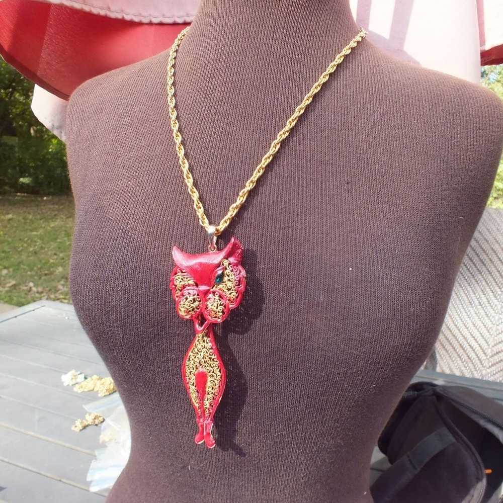 Vintage Large Red and Gold Color BOHO Winking Cat… - image 7