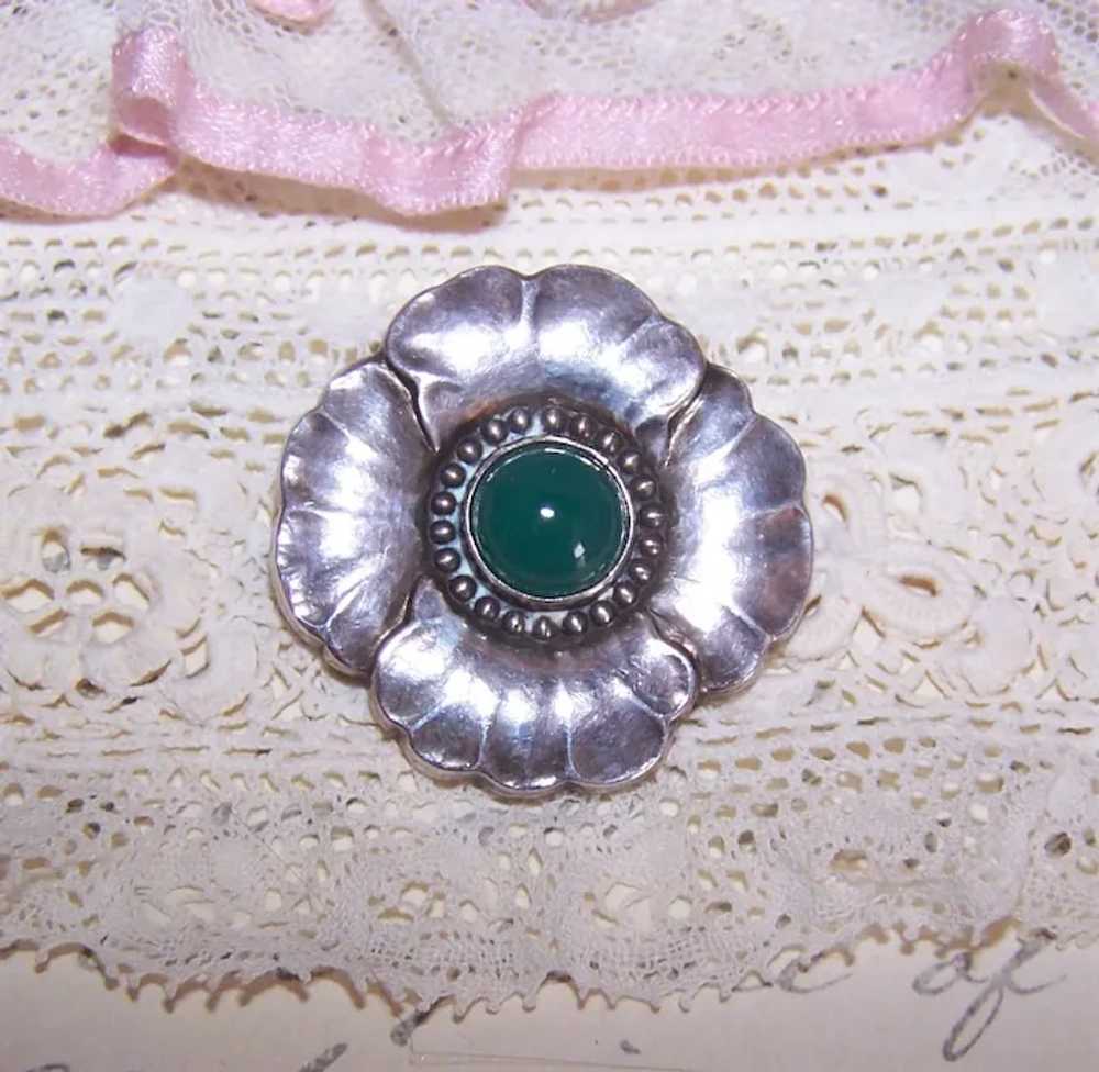 Georg Jensen Sterling Silver Pin Brooch with Gree… - image 2