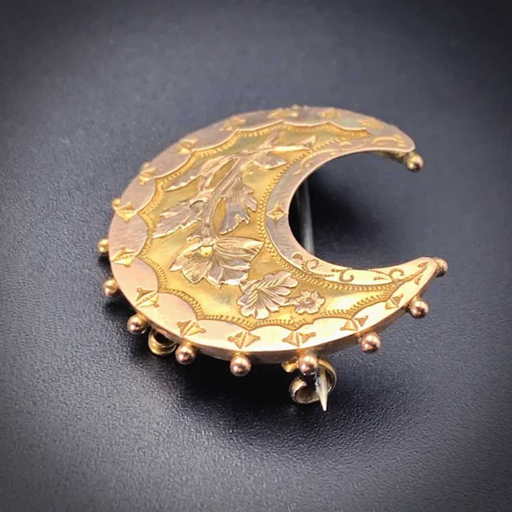 Antique English 9K Gold Crescent Moon Brooch - image 2