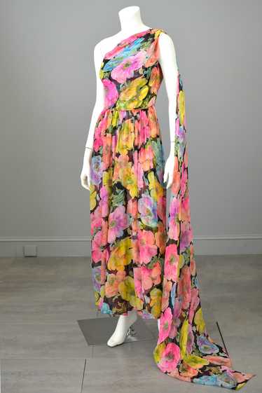 1960s Floral Print Chiffon Draping Goddess Gown Dr