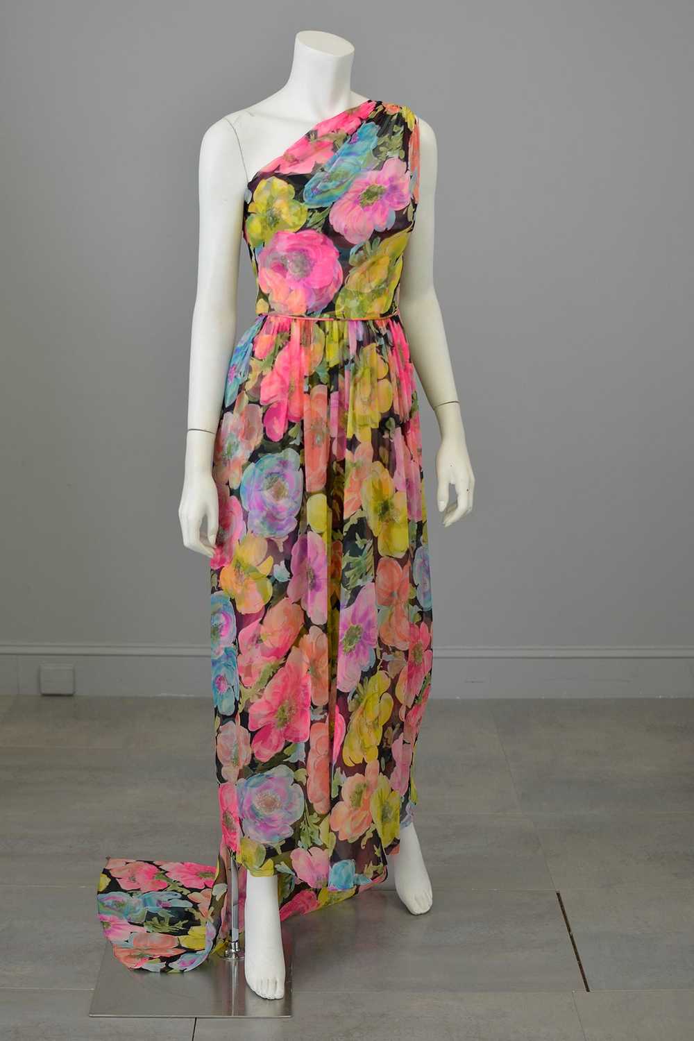 1960s Floral Print Chiffon Draping Goddess Gown D… - image 3