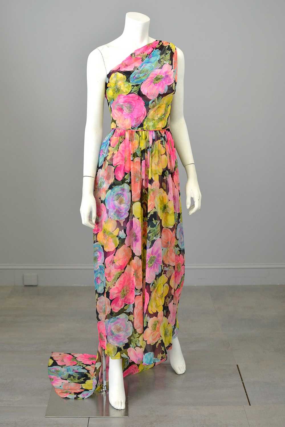 1960s Floral Print Chiffon Draping Goddess Gown D… - image 4
