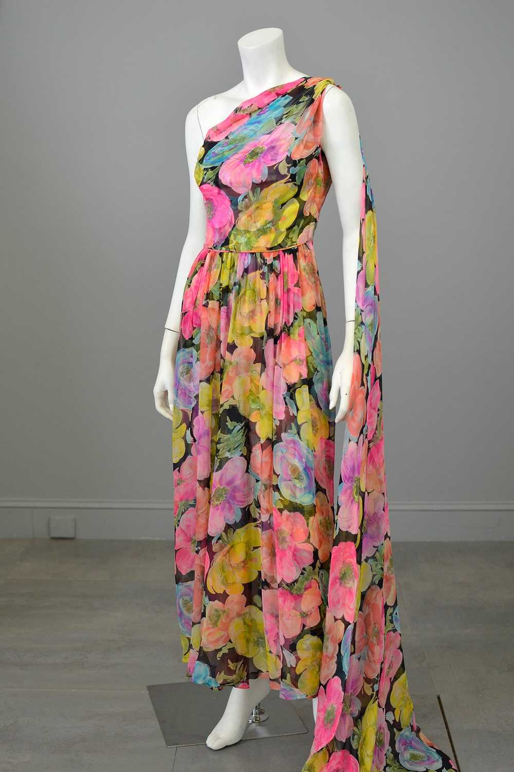1960s Floral Print Chiffon Draping Goddess Gown D… - image 5