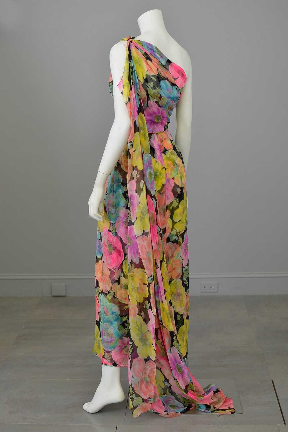 1960s Floral Print Chiffon Draping Goddess Gown D… - image 7