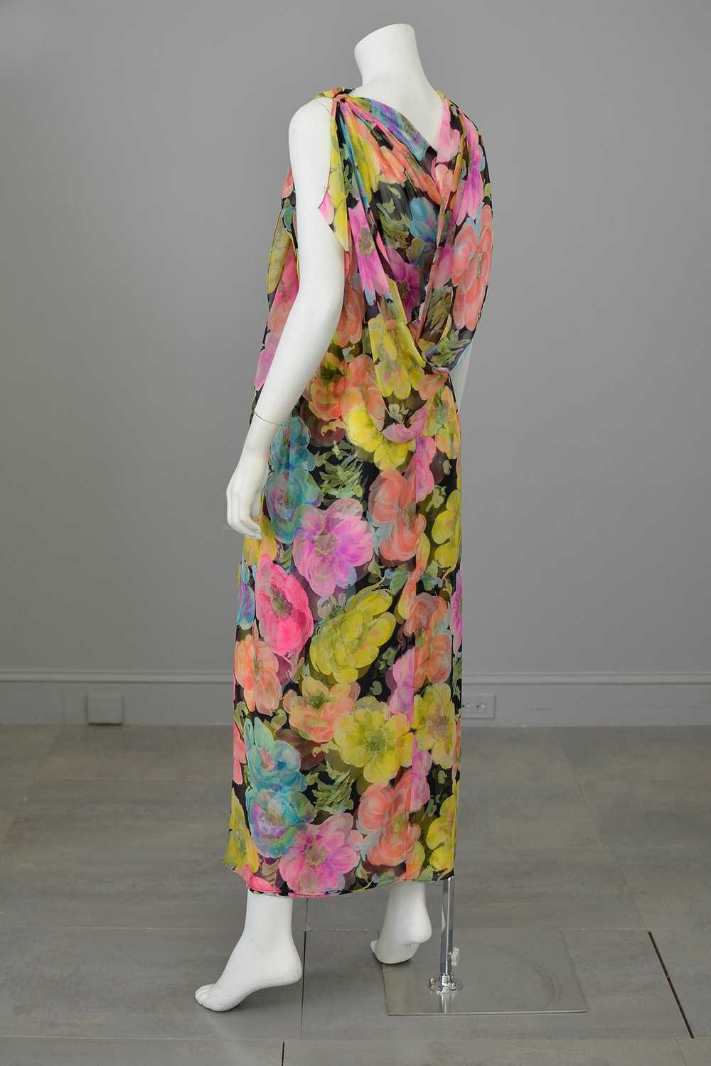 1960s Floral Print Chiffon Draping Goddess Gown D… - image 8