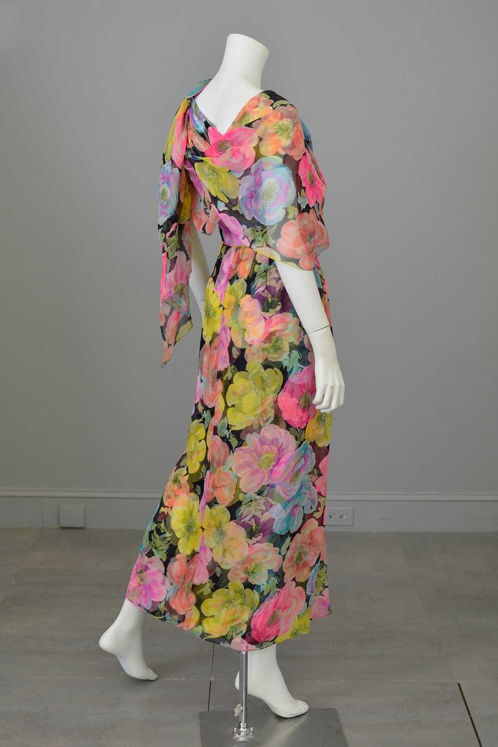 1960s Floral Print Chiffon Draping Goddess Gown D… - image 9