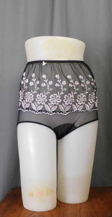 Vtg Panties High Waisted Briefs Black Nylon Embroidered Flower