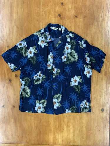 Royal Blue Hawaiian Shirt Vintage 80s Silky Polyester Tropical 