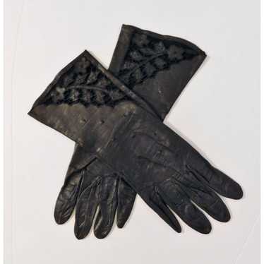 Vintage Vintage Black Leather Gloves Floral Lace … - image 1