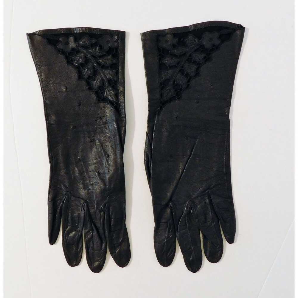Vintage Vintage Black Leather Gloves Floral Lace … - image 2