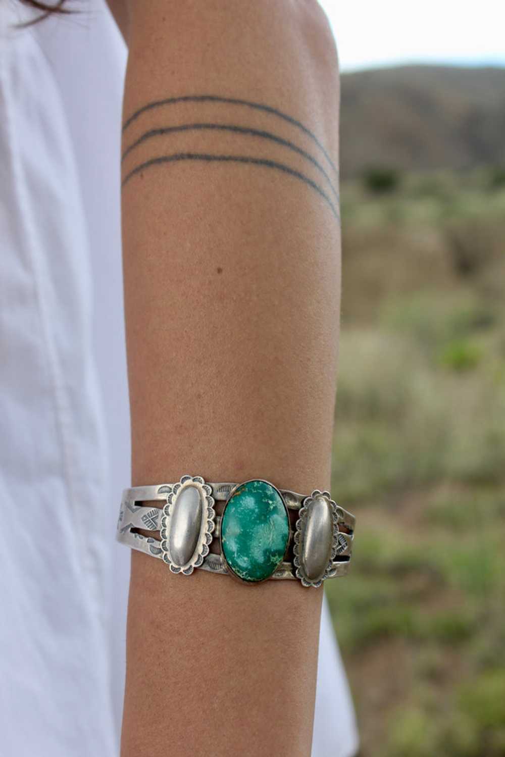 Fred Harvey Era Sterling Turquoise Cuff - image 2