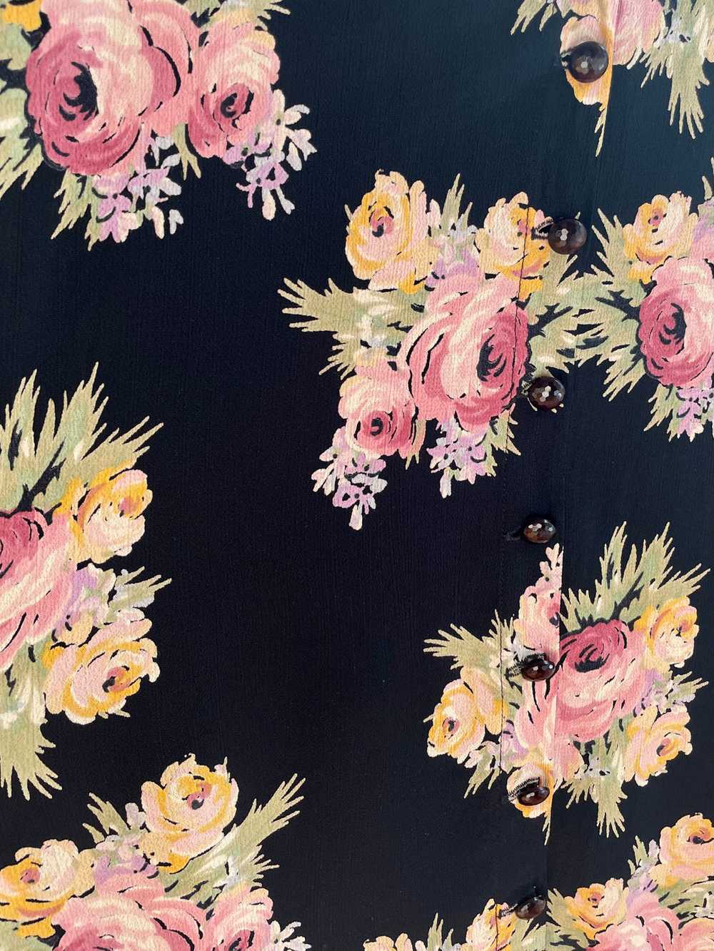 1990s Betsey Johnson Black Floral Button Up Rayon… - image 8