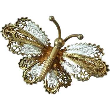 Gilt 800 Silver 3-D Filigree Butterfly Pin Brooch - image 1