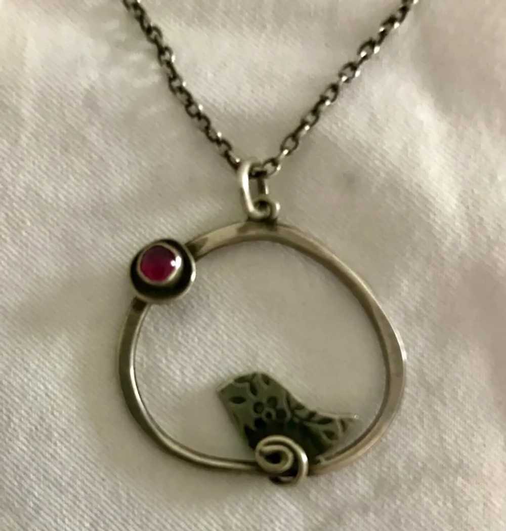 Artisan Sterling and Pink Tourmaline Bird Necklace - image 2