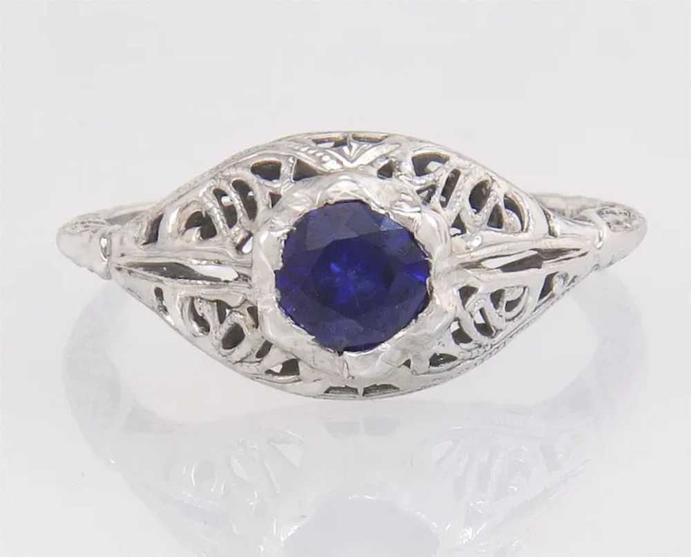 Antique .35ct Sapphire 14K White Gold Flowers Art… - image 2