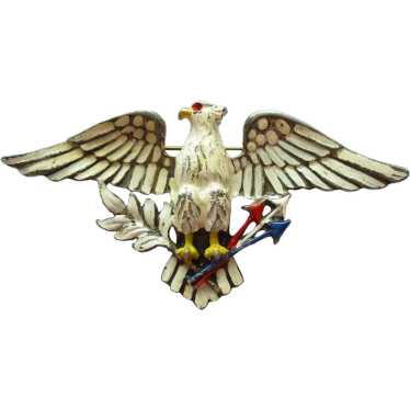 Large WWII Patriotic Eagle Brooch Enamel Pot Meta… - image 1