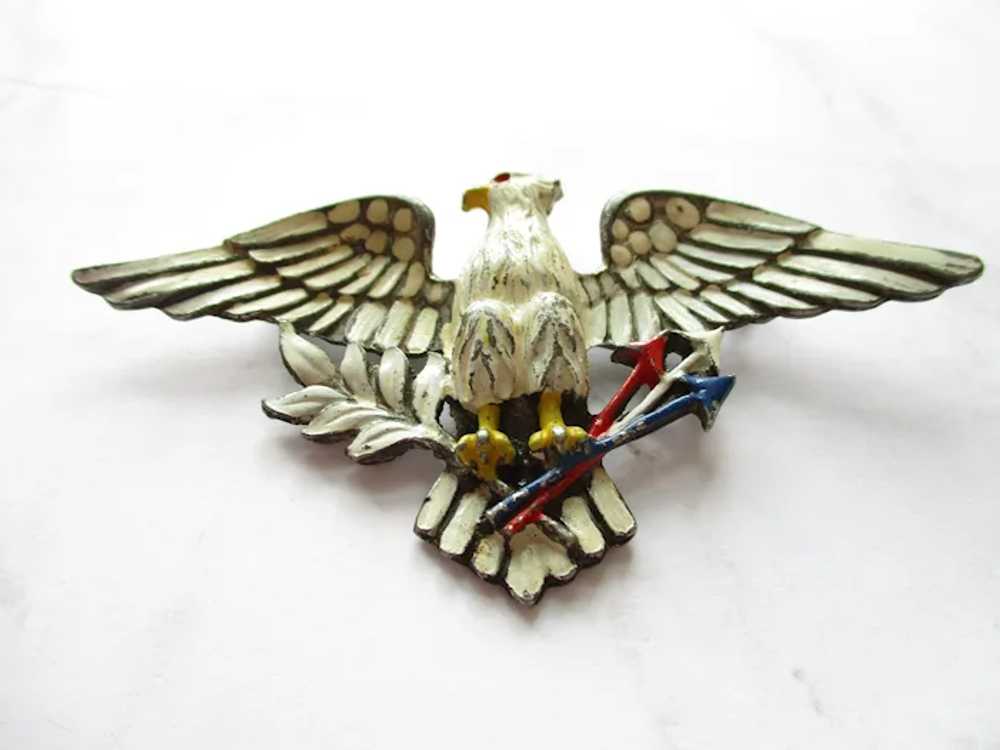 Large WWII Patriotic Eagle Brooch Enamel Pot Meta… - image 2