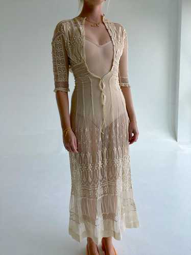 Edwardian Cream Embroidered Cotton Net Lawn Dress