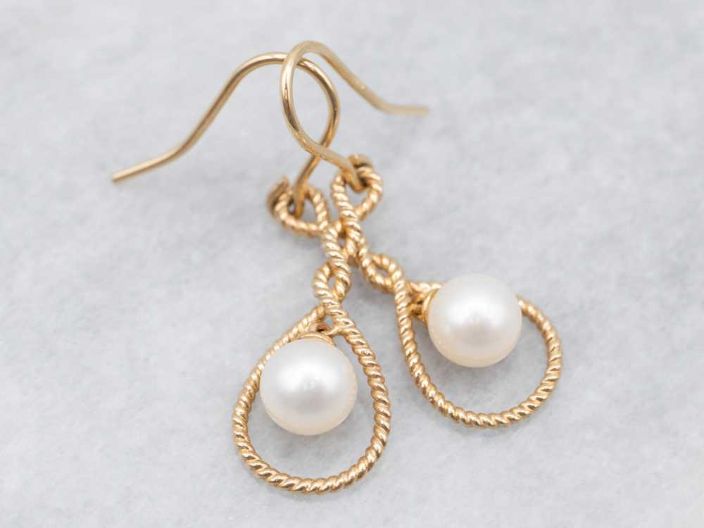 Pretty Yellow Gold Pearl Twisted Drop Earring - image 1