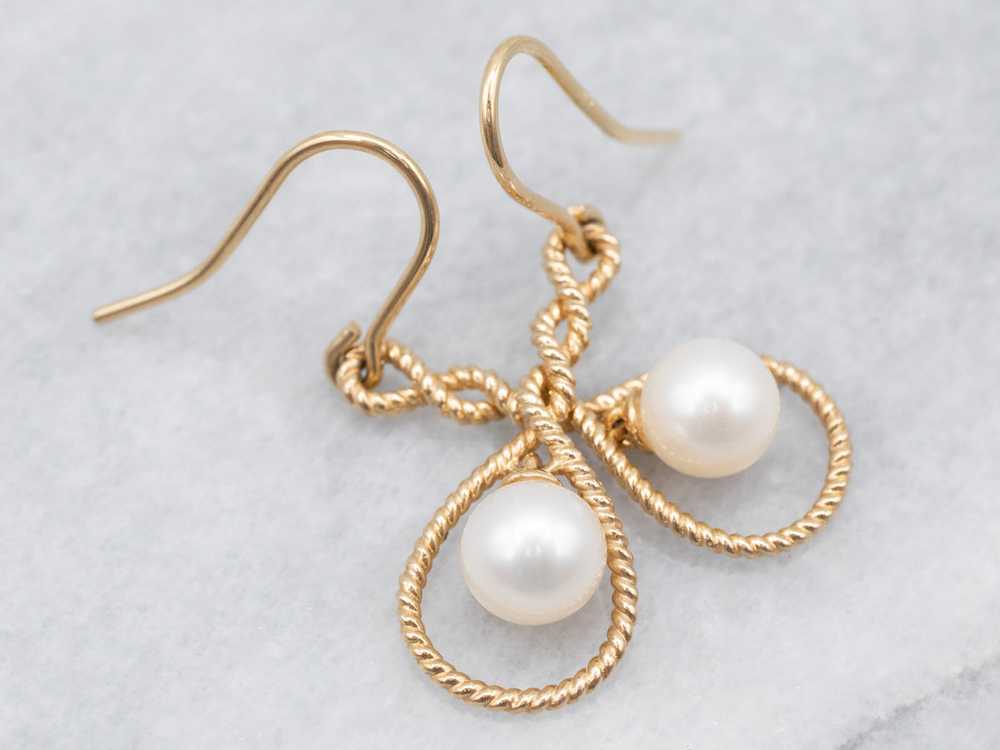 Pretty Yellow Gold Pearl Twisted Drop Earring - image 2