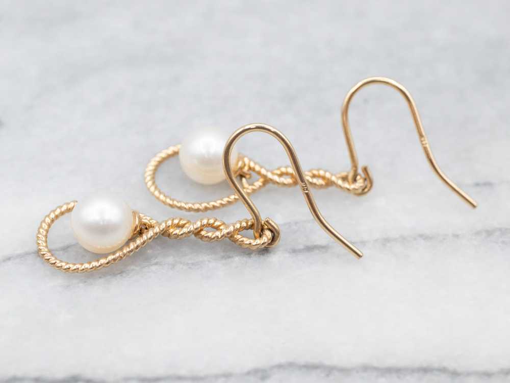 Pretty Yellow Gold Pearl Twisted Drop Earring - image 3