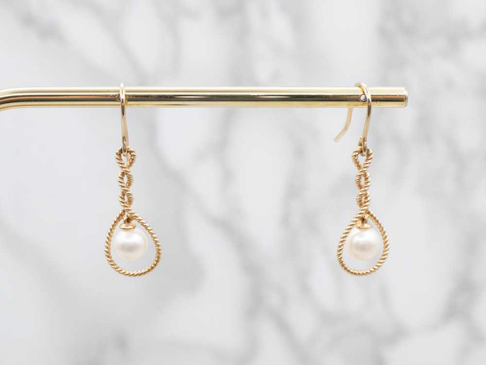 Pretty Yellow Gold Pearl Twisted Drop Earring - image 5