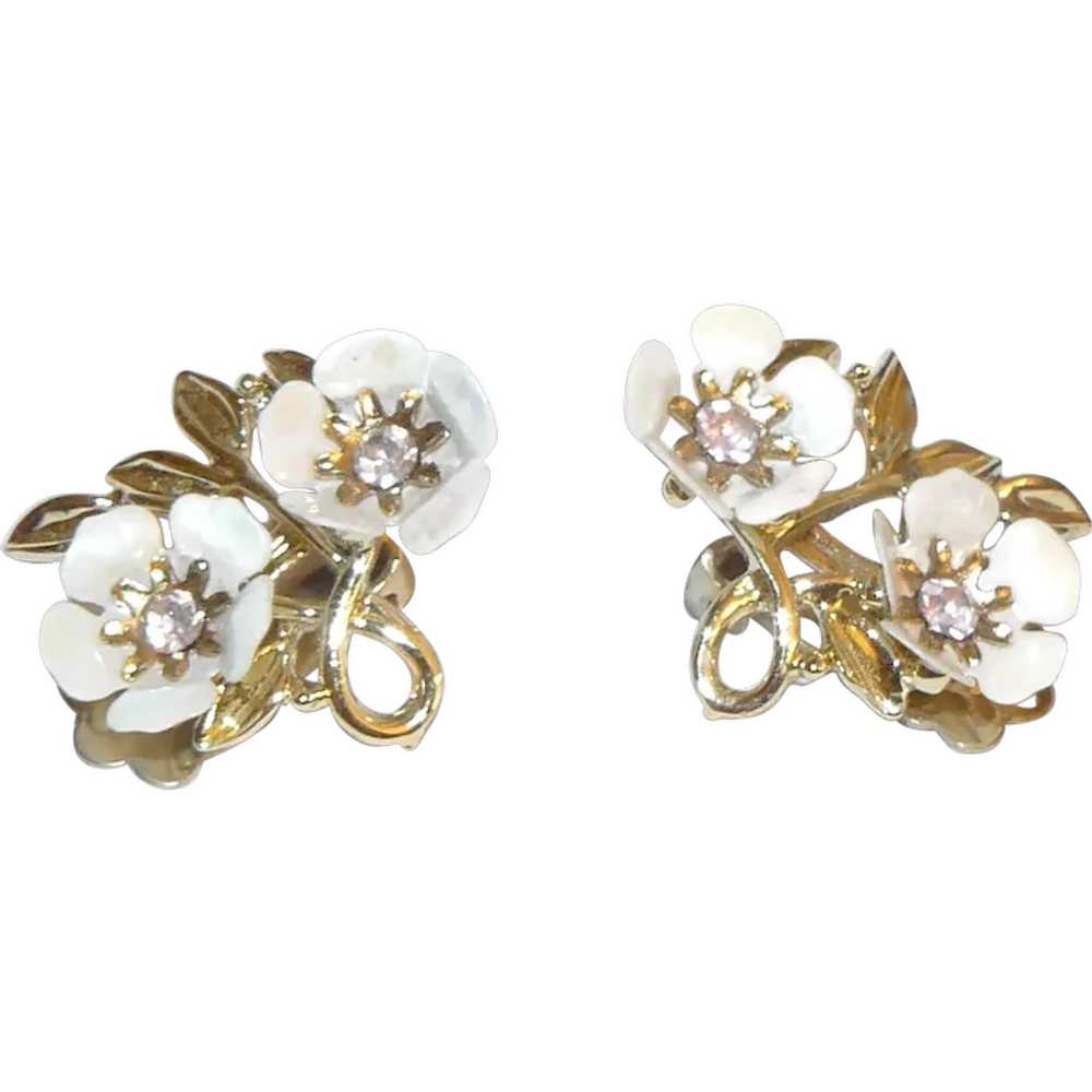 Vintage White Floral Clip on Earrings by Coro - image 1