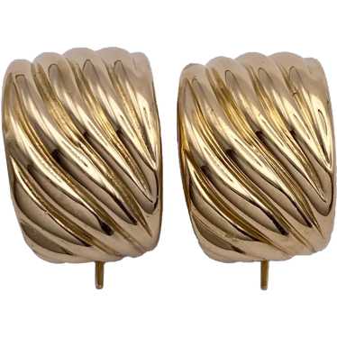 Chunky Wide Huggie Hoop Earrings 14K Gold Swirl B… - image 1