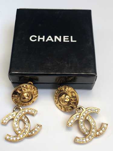 Chanel Vintage Gold Plated Letter Round CC Crystal Dangle Clip on Earrings