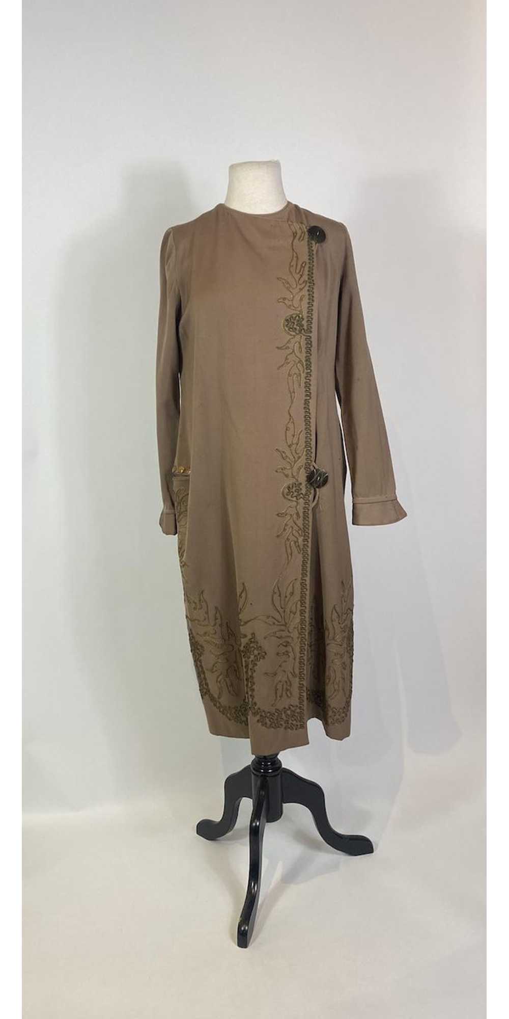 1920s Brown Wool Embroidered Duster Jacket - image 1