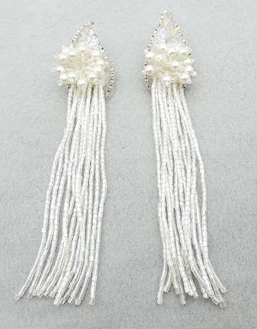 White Sequin Pearl and Bead Fringe Earrings