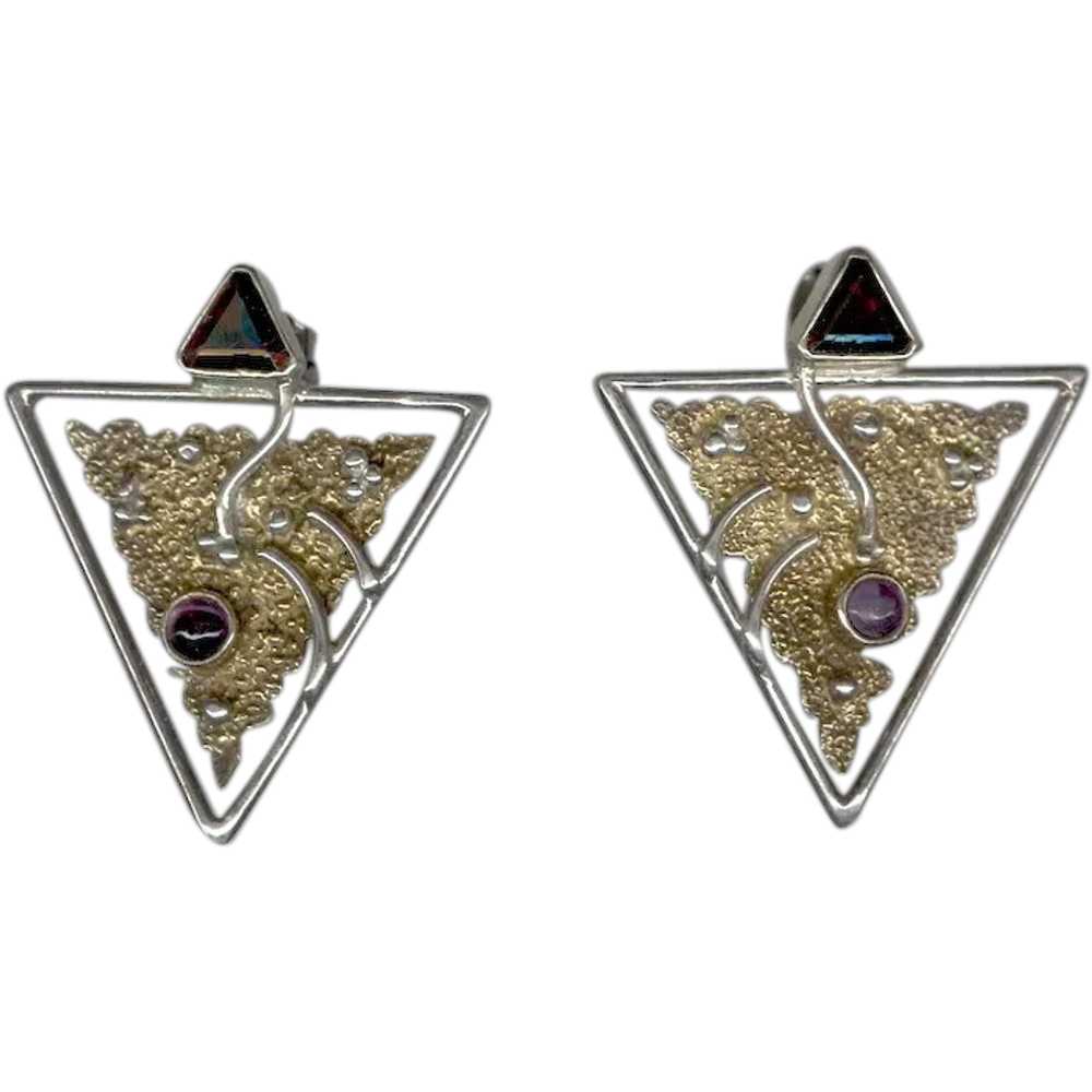 SIGNED MODERNIST Triangular Sterling Silver EARRI… - image 1
