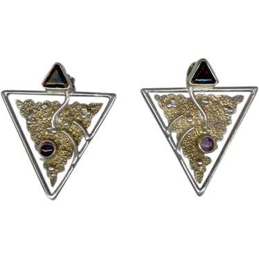 SIGNED MODERNIST Triangular Sterling Silver EARRI… - image 1