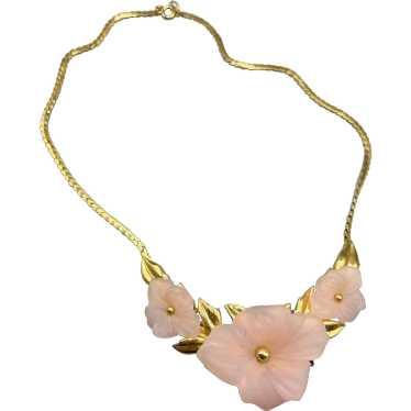 80s Trifari Necklace Pink Flower with Gold Tone C… - image 1