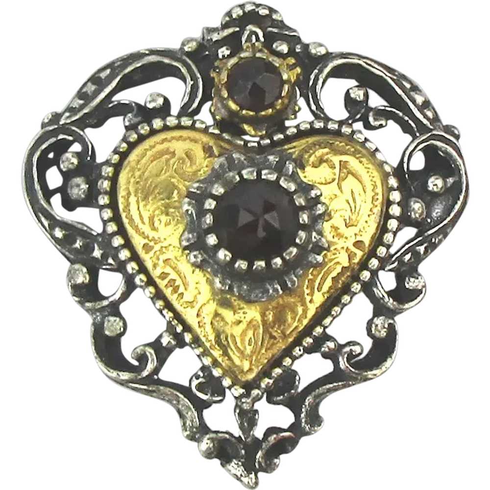 Vintage 835 B Silver Heart Pin Pendant w/ Gold Tr… - image 1