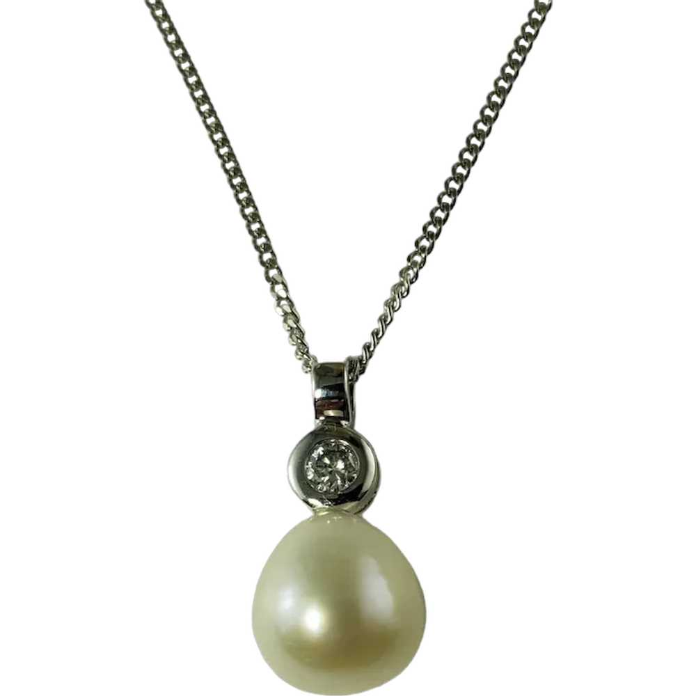 Vintage 9 Karat White Gold Pearl and Diamond Pend… - image 1