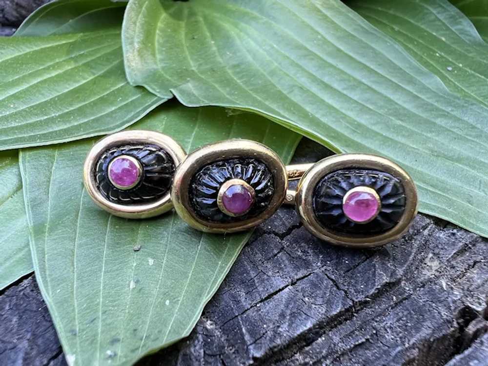 18K Yellow Gold Carved Onyx and Ruby Cufflinks an… - image 10